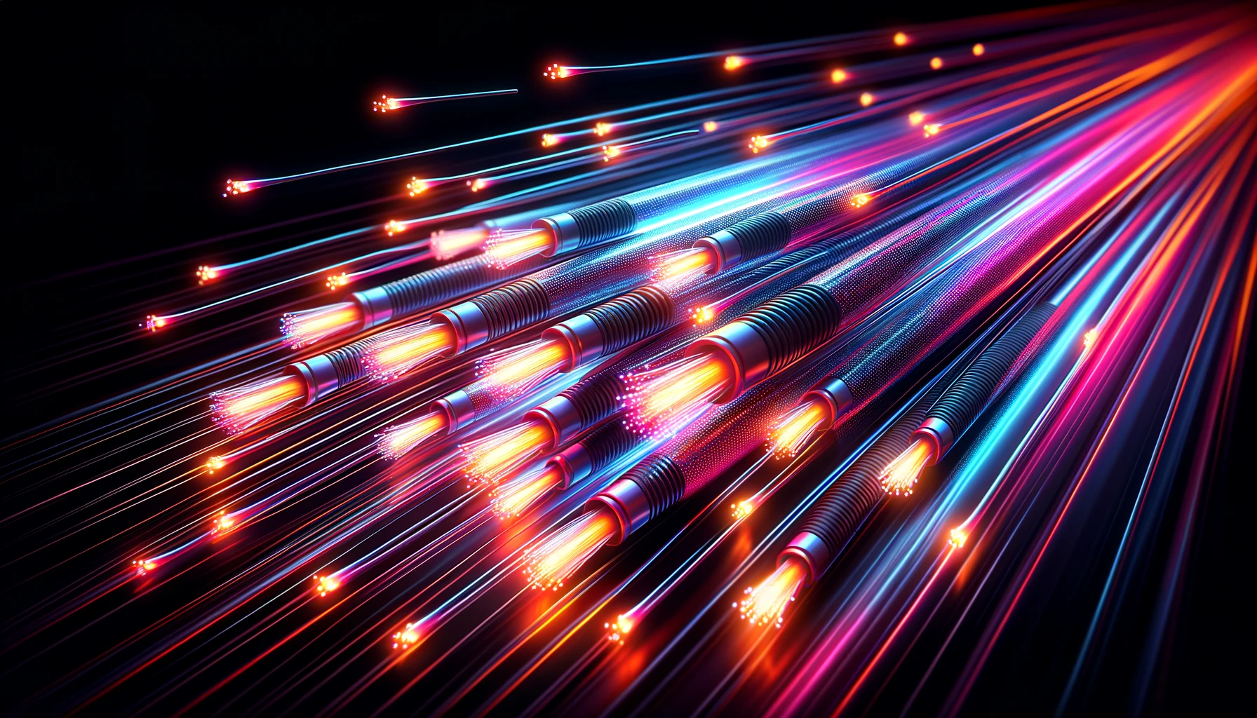 An image depicting fiber optic cables with bright, neon lights running along the cables, symbolizing fast data flow.