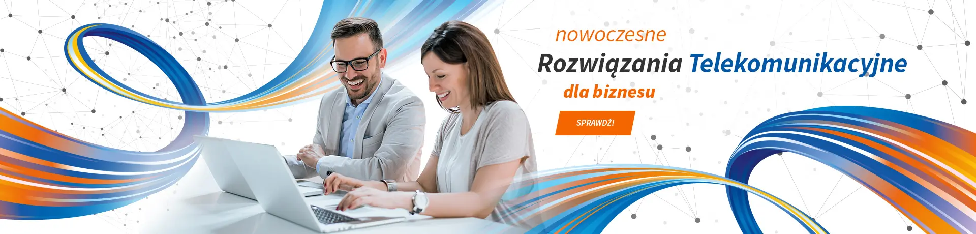 A professional man and woman collaborating on a laptop with 'modern Telecommunication Solutions for business' in Polish and a 'CHECK!' call to action, against a backdrop of dynamic blue and orange ribbons and a network-inspired graphic design, suggesting innovation and connectivity in business telecommunication services.
