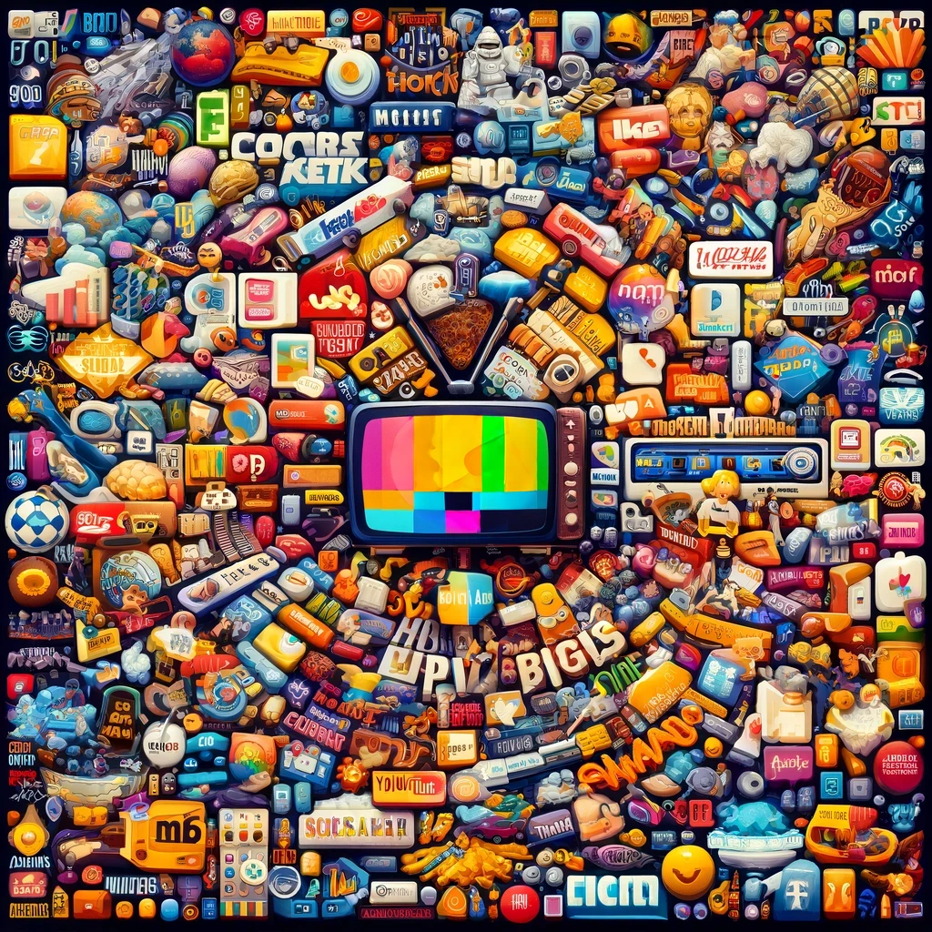 Collage or mosaic originally composed of logos or screen fragments from popular TV channels reflecting a variety of categories.