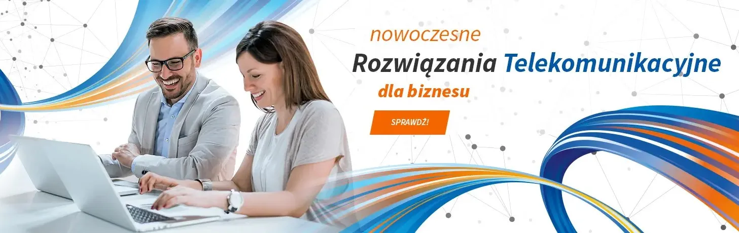 A professional man and woman collaborating on a laptop with 'modern Telecommunication Solutions for business' in Polish and a 'CHECK!' call to action, against a backdrop of dynamic blue and orange ribbons and a network-inspired graphic design, suggesting innovation and connectivity in business telecommunication services.